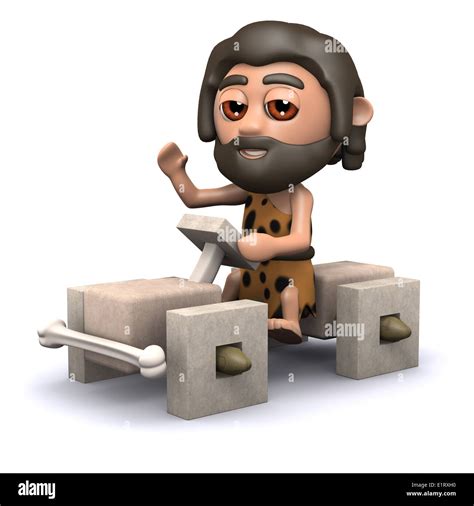 3d Prehistoric Caveman Driving His Car With Square Wheels Stock Photo