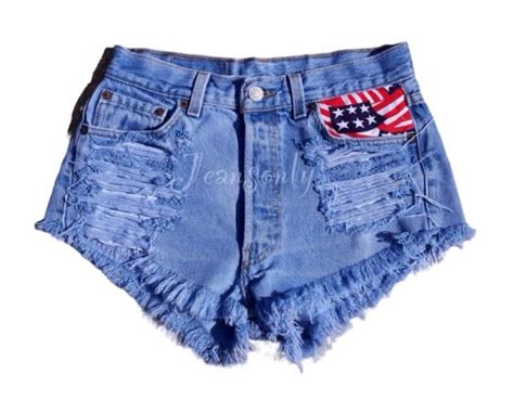 American Flag Shorts High Waiysted Shorts Us Flag Red Blue And White Frayed