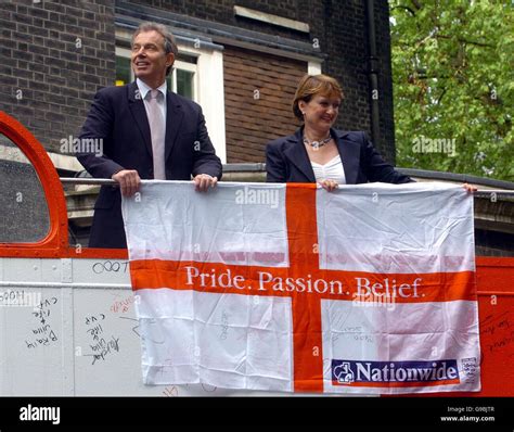 british prime minister tony blair and culture secretary tessa jowell stand aboard a world cup