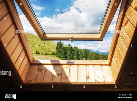 Open Window At Village Wooden House In Mountains Amazing View Of