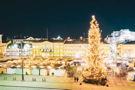 Helsinki Finland Christmas Xmas Market With Christmas Tree On Senate