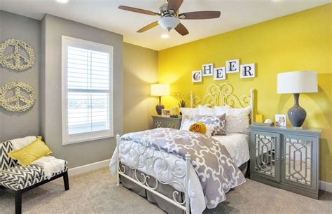 Pastel gray and blue bedroom decor. Cute girl's bedroom with yellow & gray color scheme ...
