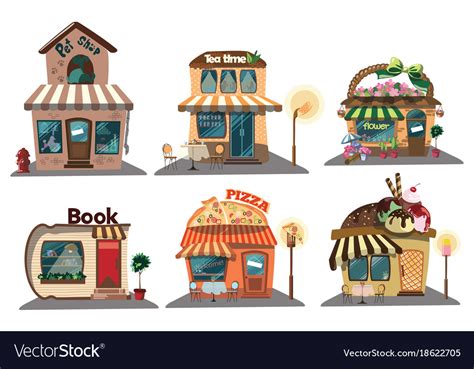 Set Of Shops A Collection Of Small Cartoon Shops Vector Image