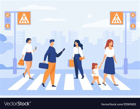 Cartoon Pedestrians Walking Through Crosswalk Vector Image