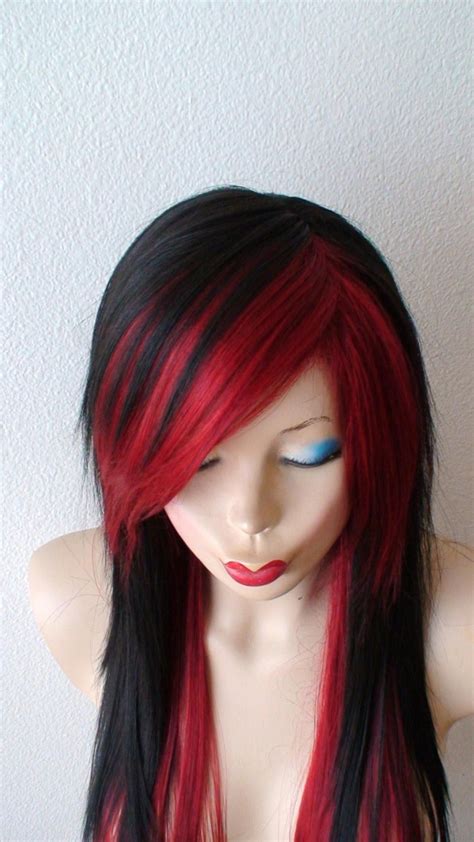 Black Wine Red Wig 28 Straight Layered Hair Side Bangs Etsy Black Hair Wigs Hair Styles