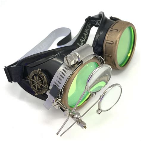 steampunk goggles in victorian style with compass design uv glow neon green lenses and ocular loupe