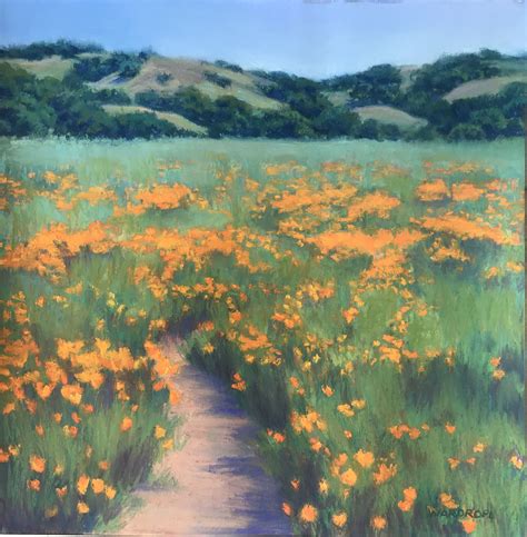 An Oil Painting Of A Field Full Of Yellow Flowers With Hills In The