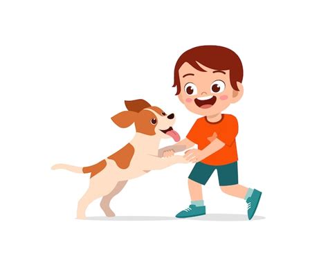 Feliz Lindo Niño Niño Niña Jugar Con Perro Mascota Vector Premium