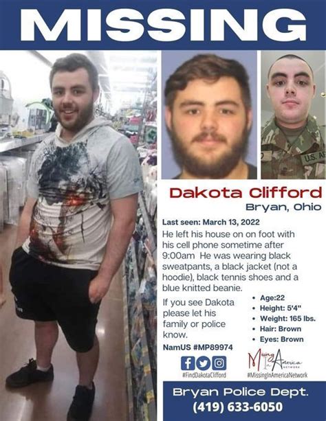 22 year old dakota clifford was last seen in bryan ohio on march 13 2022 he left home on foot