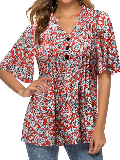 Arttop Women Floral Print Short Ruffle Sleeve Pleated Front V Neck