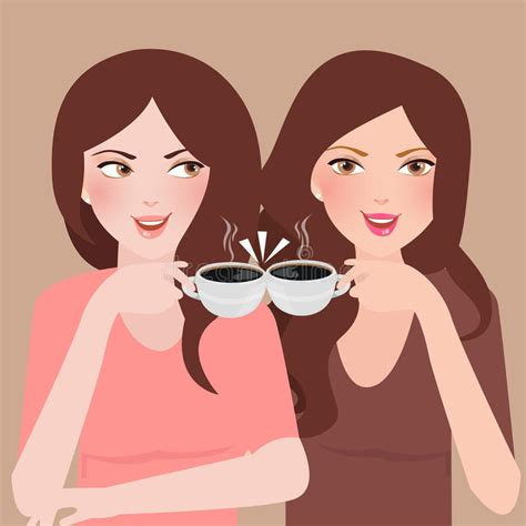 Two Young Girls Talking In A Cafeteria Drinking Coffee Together Stock