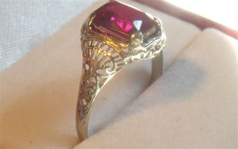 Vintage Emerald Cut Synthetic Ruby Ring 14k White Gold
