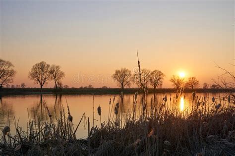 Beautiful Sunset On The River In Early Spring Stock Photo Image Of