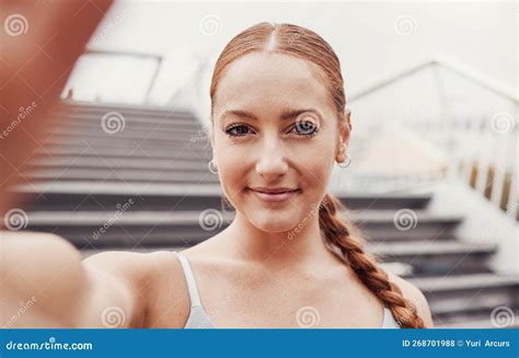 Selfie Fitness And Woman Portrait By Outdoor Stairs Ready For Running