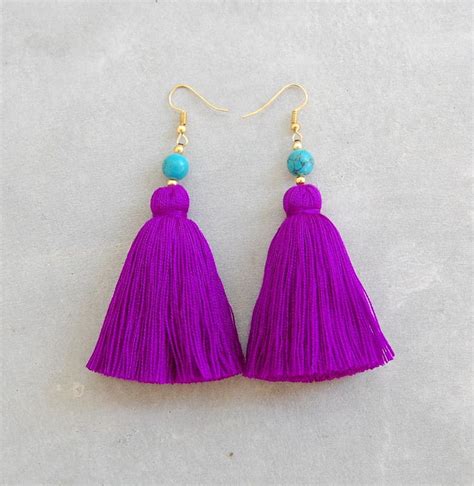 Handmade Purple Tassel Earrings With Turquoise Beads Etsy