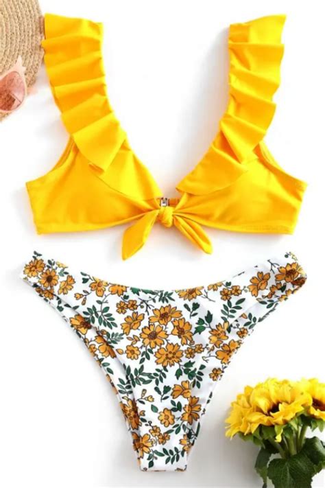 Bikini Floral Swimsuits Ruffle Bikini Top Tie Knot Bikini Top Cute Bikini Sets Cute Floral