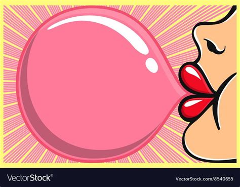 Bubble Gum Girl With Red Lipstick Blowing Bubblegum Vector Illustration