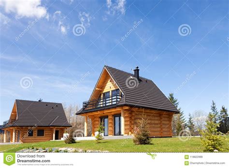 Traditional Wooden Mountain House On Green Field Stock Image Image Of