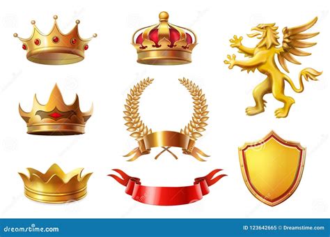 Royal Golden King Crowns Set Laurel Wreaths And Ribbon Awards