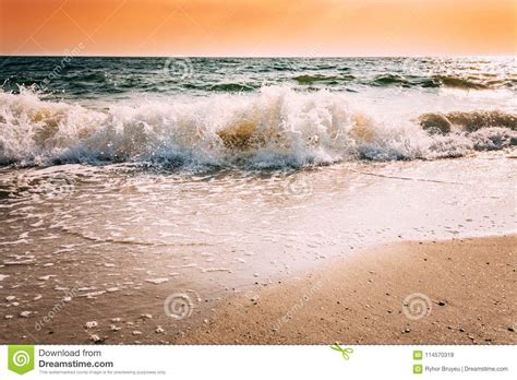 Sea Waves During Storm During Sunset Or Sunrise. Ocean 