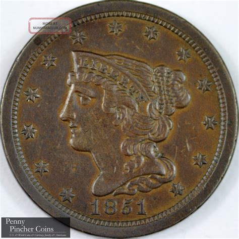 1851 Braided Hair Half Cent Almost Uncirculated Chocolate Brown Type