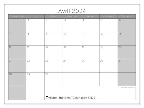 Calendrier Avril 2024 54ds Michel Zbinden Be