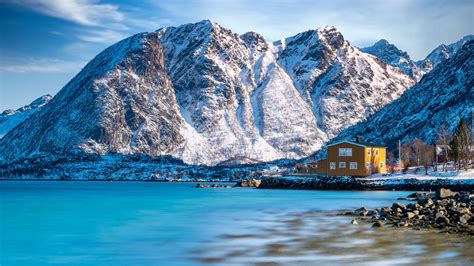 Download Norway House Mountain Snow Winter Photography Lofoten 4k Ultra