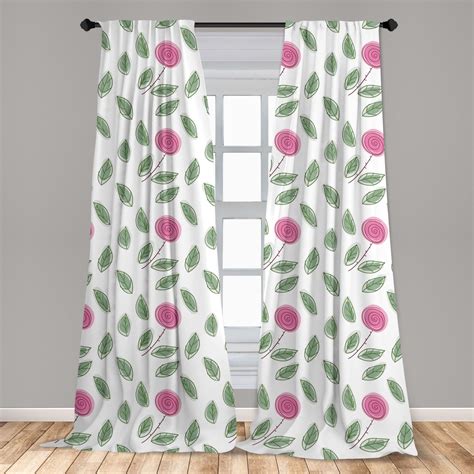 Rose Curtains 2 Panels Set Modern Pattern Pink Rose Blossoms With Spiral Designs And Green
