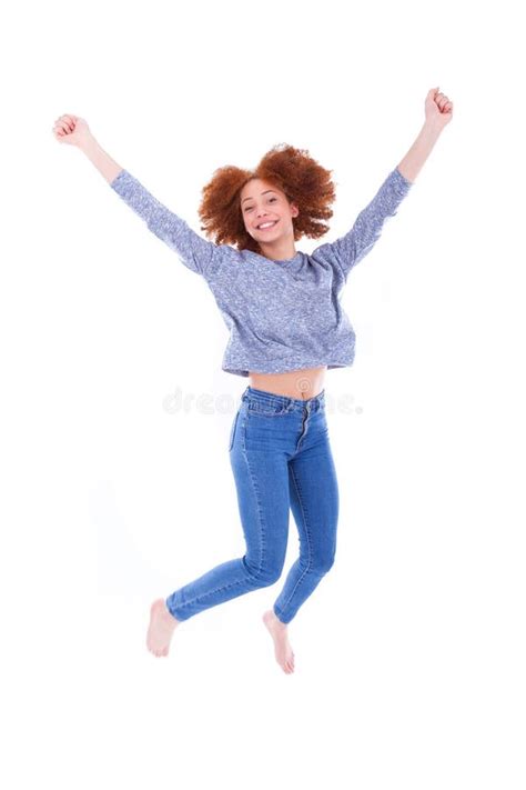 Black Happy African American Girl Raising Arms Up And Jumping Stock