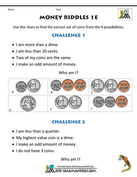 Check spelling or type a new query. Math Money Worksheets 1st Grade Money Riddles