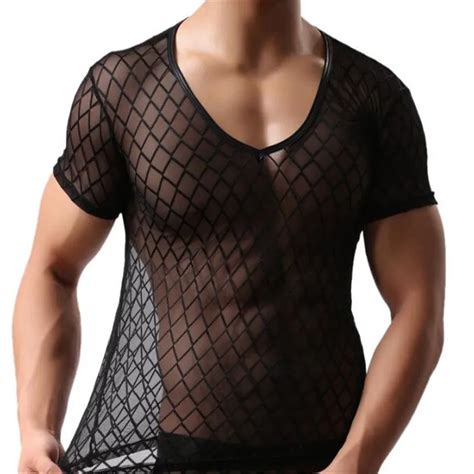 Men S Sexy Mesh Plaid Sheer Transparent T Shirt Men S Undershirts Men