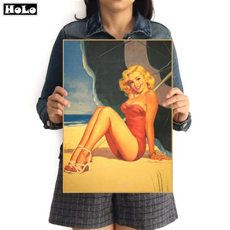 Vintage Sexy Girl Poster Retro Kraft Paper Painting Cafe Bar Pub