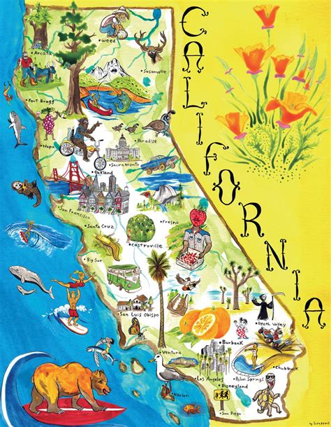 Tourist Illustrated Map Of California State California State Usa