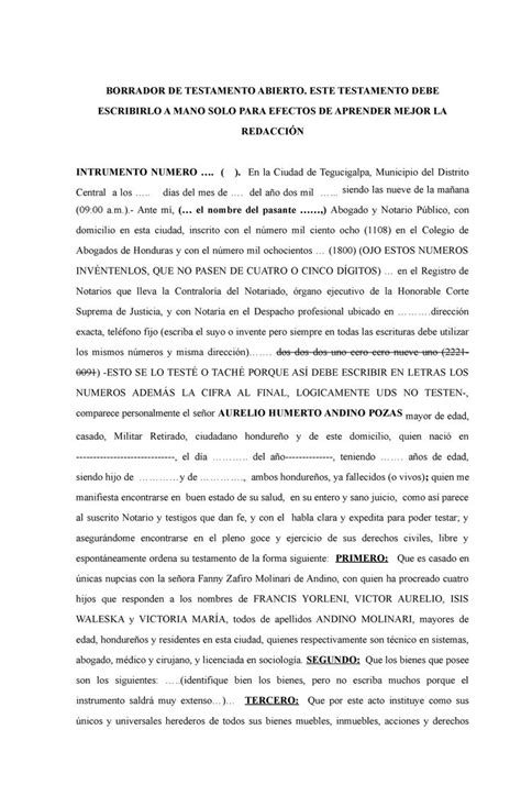 Modelo Testamento Abierto 2017 Borrador De Testamento Abierto Este Testamento Debe Escribirlo