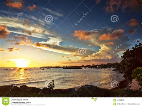 Sunset Over Barbados West Coast Viewed From Oistins Stock Photo Image