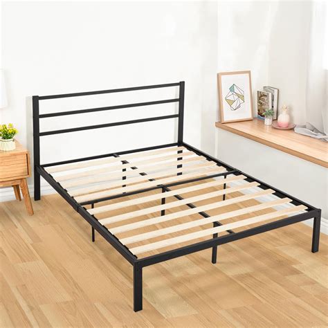 Jaxpety Queen Size Bedroom Metal Platform Bed Frame With Wood Slats