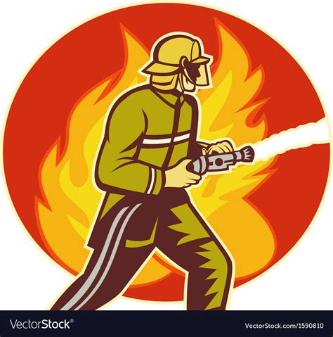 Firefighter Fireman With Water Hose Fighting Fire Vector Image