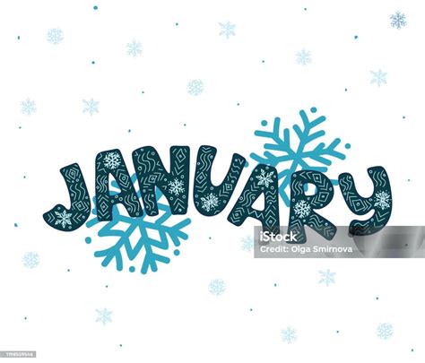 Winter Month Of January Blue Cyan Lettering Text Design With Snowflakes