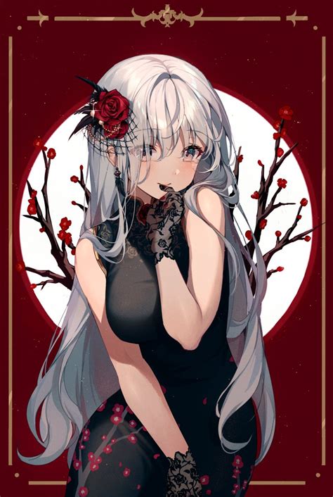 Safebooru 1girl Black Dress Black Gloves Blush Branch Breasts China Dress Chinese Clothes