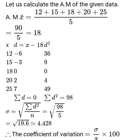 The coefficient of variation is often used to compare the variation between two different datasets. Find the coefficient of variation of the data 18,20,15,12 ...