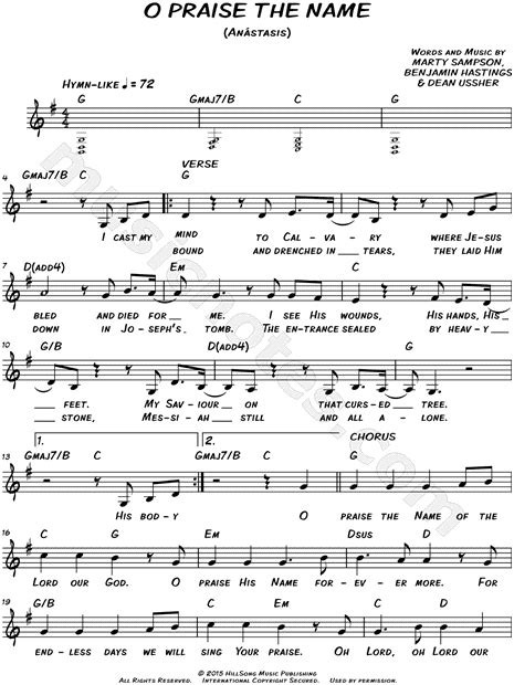 Hillsong Worship O Praise The Name Anástasis Sheet Music Leadsheet