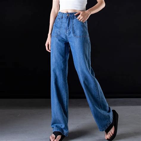 women loose high waist loose wide leg pants jeans denim trousers female lyocell denim pants