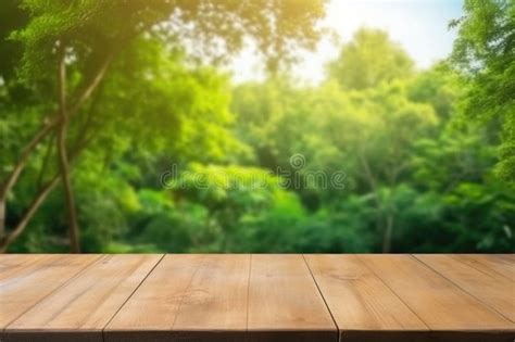 Empty Wooden Table With Blurred Natural Green Background Generative Ai