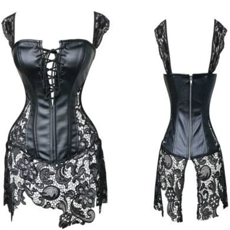 sexy leather corsets skirt lace up hollow out corsele black faux leather lace shaper bustier