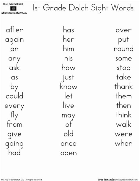 1st Grade Spelling Words Printable