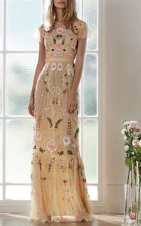 Needle And Thread Tulle Dust Yellow Floral Embroidered Tiered Maxi Dress