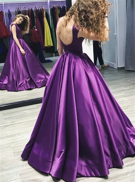 Purple Satin Prom Ball Gowns Backless Evening Dresses Long 2017