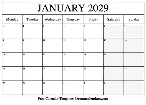 January 2029 Calendar Free Blank Printable With Holidays