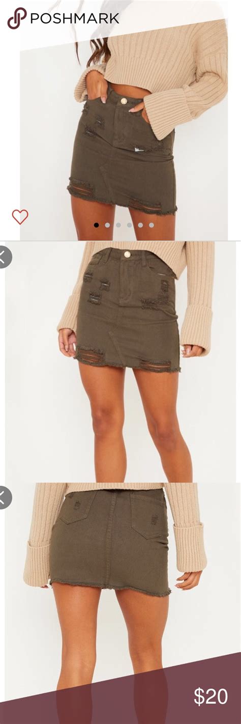 Distressed Khaki Denim Mini Skirt Trendy Style