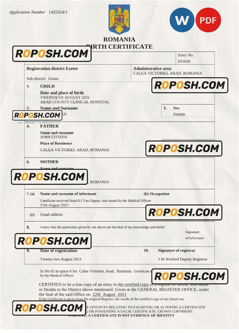 Romania Birth Certificate Word And Pdf Template Completely Editable